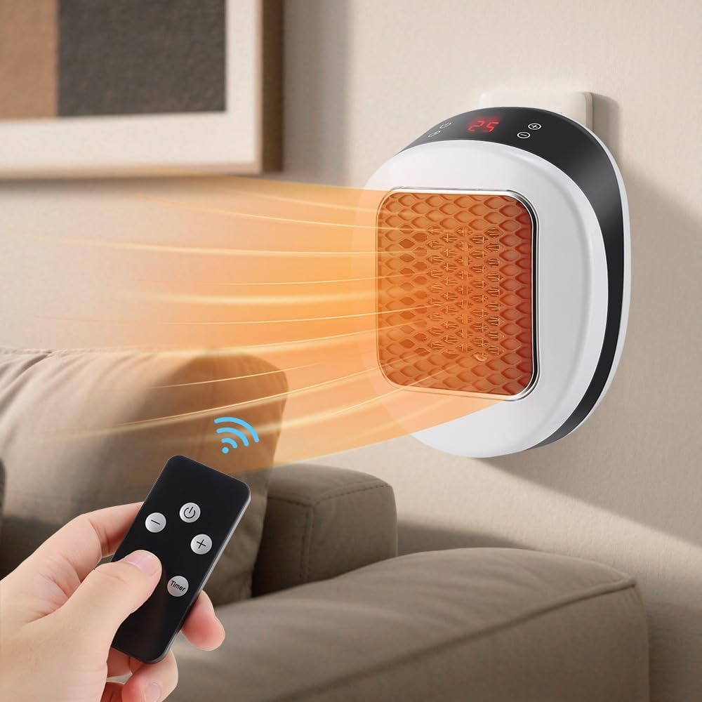 Portable Plug In Space Heater, 600W, Small Wall Heater for Indoor Use, Remote, 12H Timer, ECO Mode, Overheat Protection, Fast and Safe Heat for Bathroom Office Bedroom Home