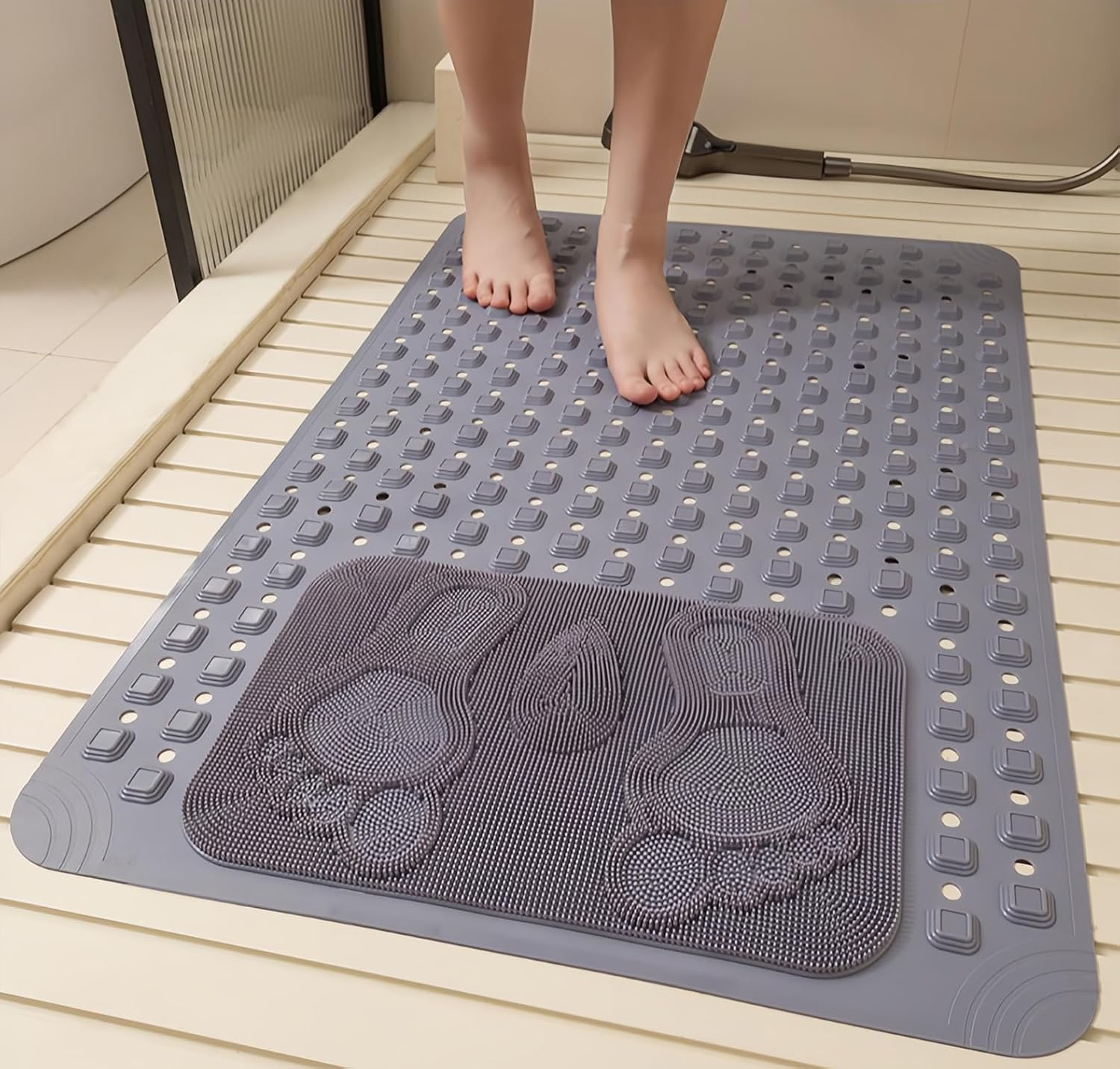 Bath Mat for Tub Non Slip: Bath Tub Shower Mat with Soft Shower Foot Scrubber Mat for Massage│Big Drain Holes Shower Mats for Inside Shower│Machine Washable