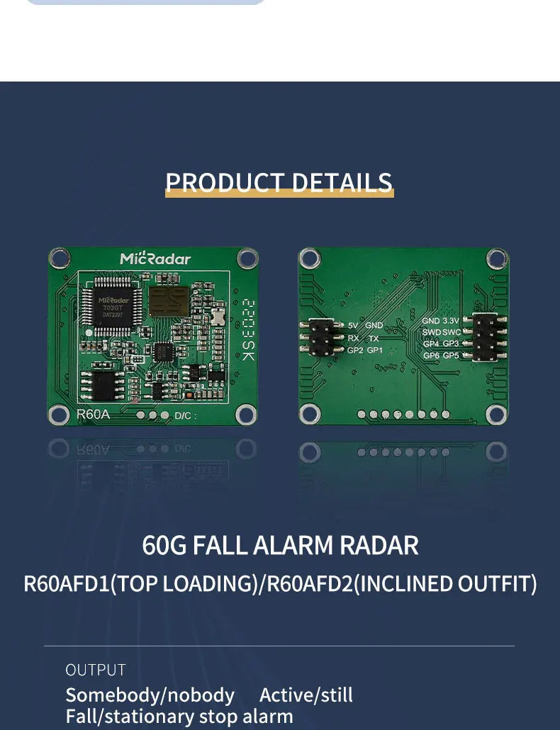 R60AFD1 60G Falling Alarm Radar Module Fall Detected Millimeter Wave Radar Sensor MICRADAR Support 4G WIFI Zigbee 485