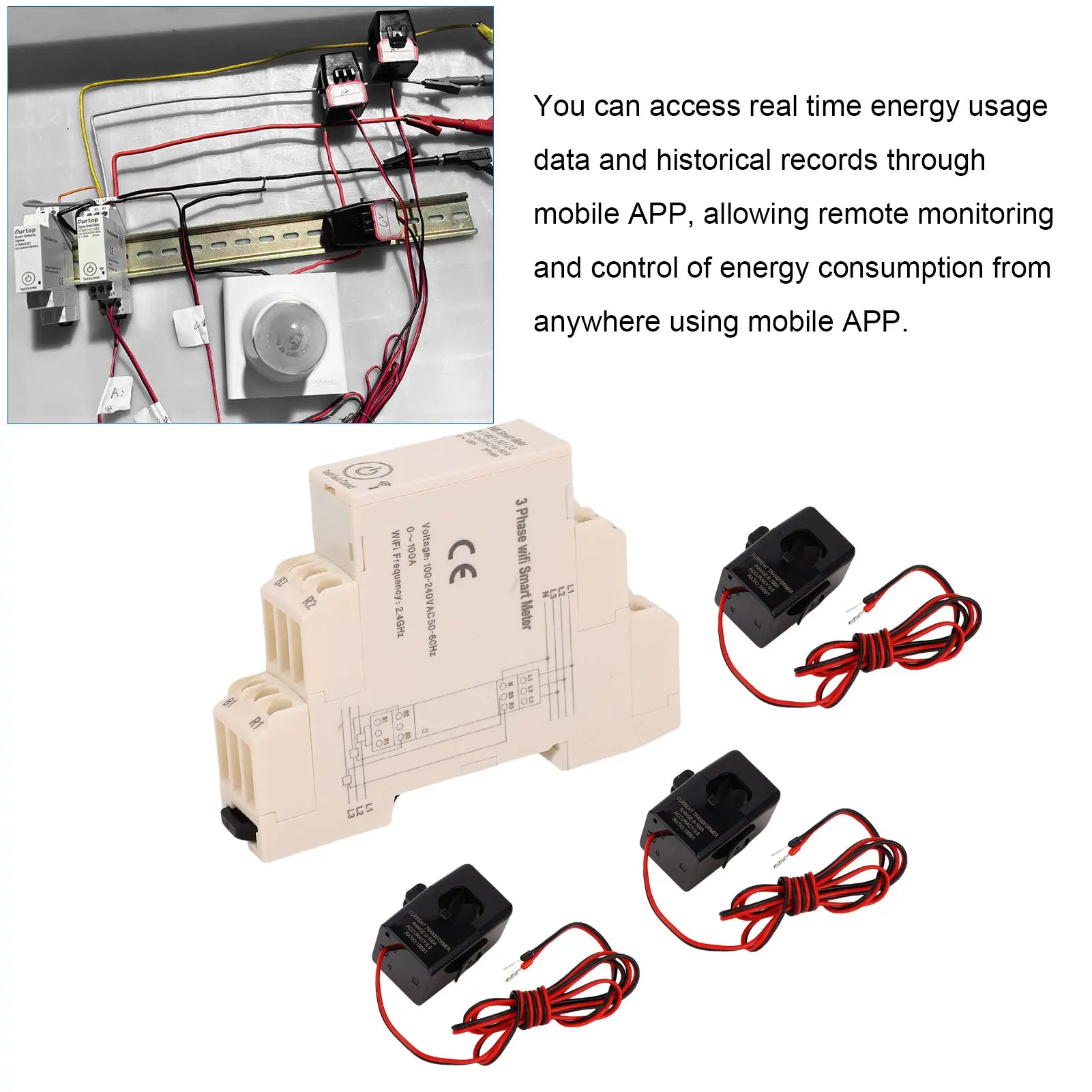 Smart Energy Meter 3 Phase Remote Control Smart Electricity Meter APP Monitoring Real Time Data with 3 Current Sensors for Home