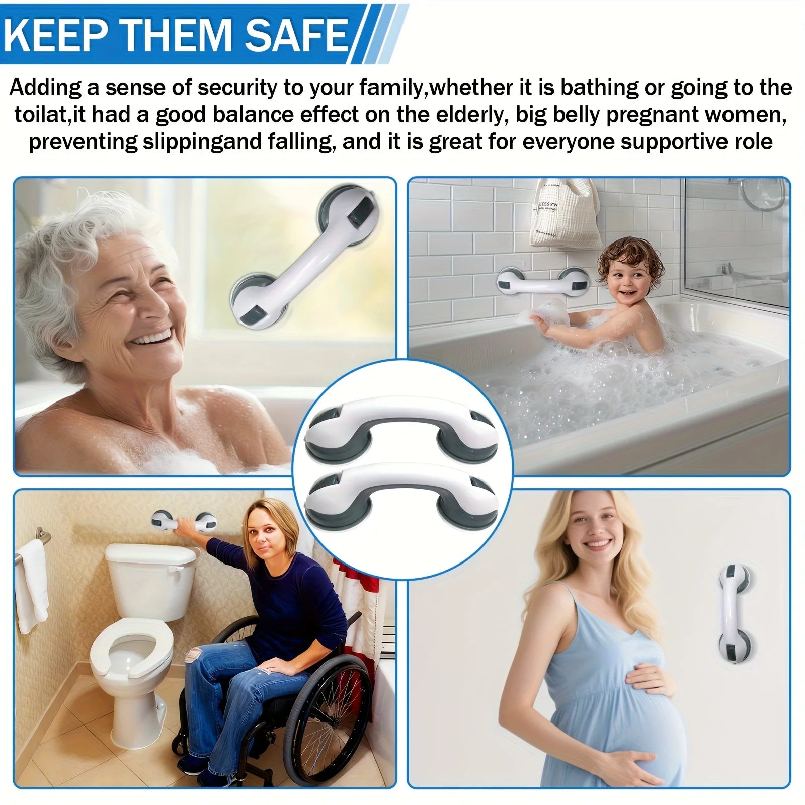 Two Bathroom Safety Grab Bars with Non-Slip Grips, Made of Durable Plastic, Sturdy And Stable, Featuring a Strong Suction Cup