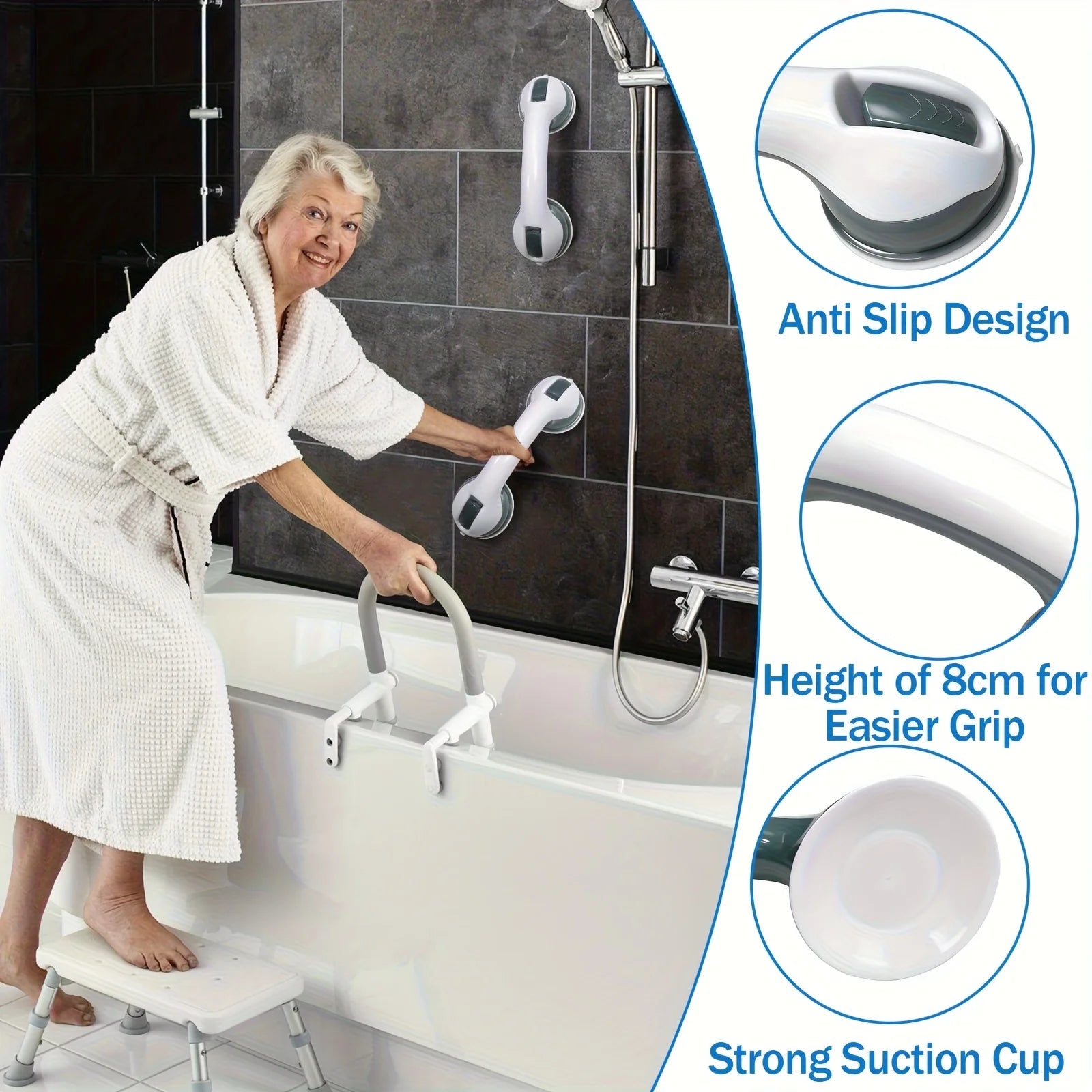 Two Bathroom Safety Grab Bars with Non-Slip Grips, Made of Durable Plastic, Sturdy And Stable, Featuring a Strong Suction Cup