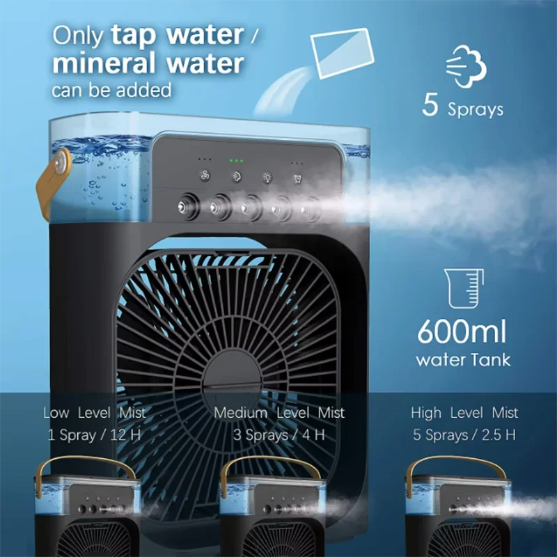 Modern Home Small Air Cooler 3 Speed Fan Air Conditioner Portable Humidifier Fan Portable LED Night Lights for Office
