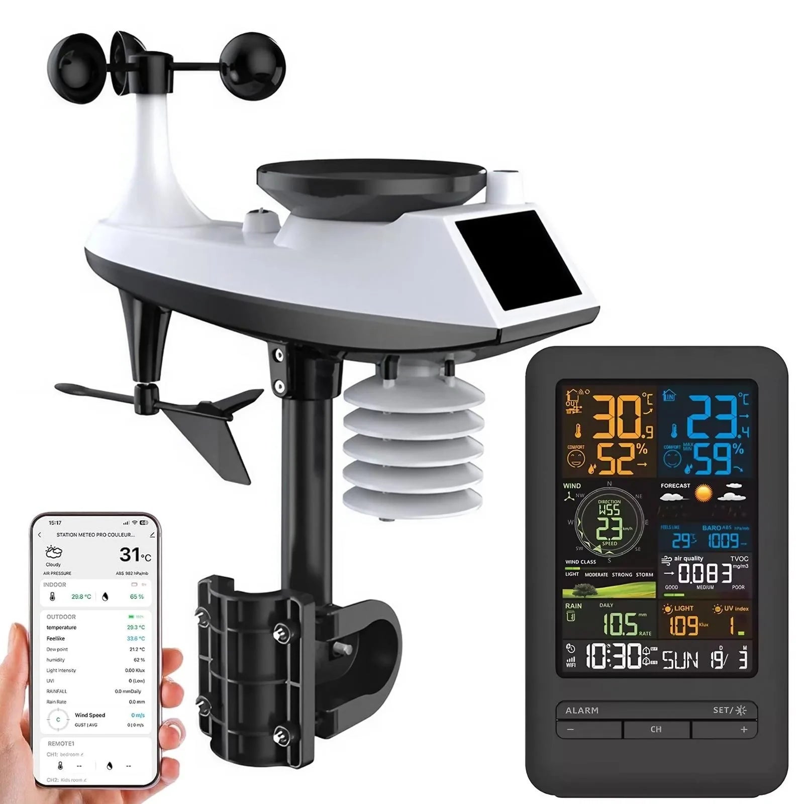 Smart Home Weather Station with APP Control Timer Calendar Temperature Humidity Monitor Wind Speed and Rainfall UV Sensor Device