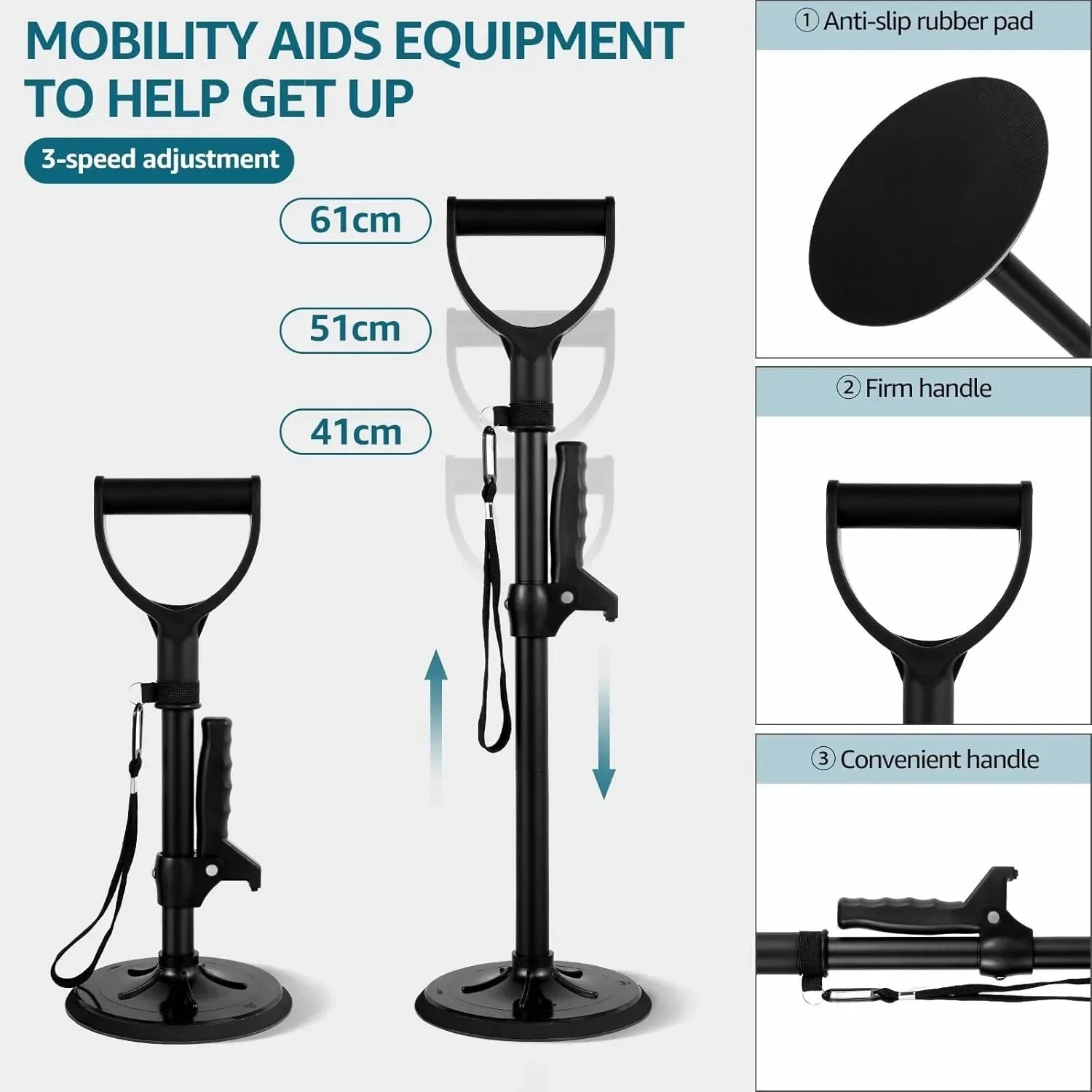 Stand Assist Adjustable Height Dual Handle Aid Non-Slip Mobility Support Stick for Elderly Seniors Standing Care Walking Helper