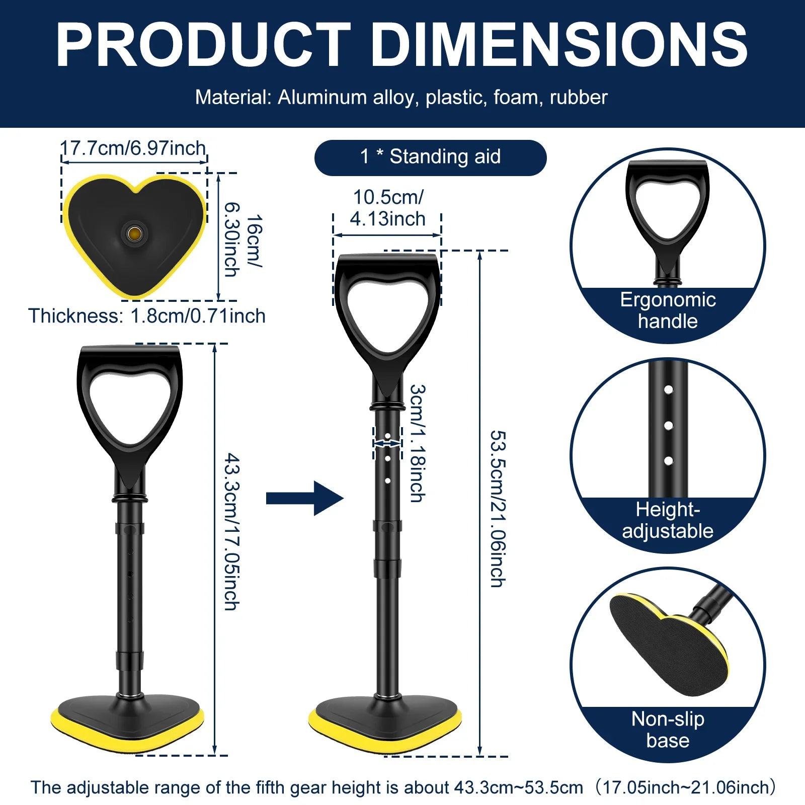 Standing Aid 5 Gear Height Adjustable Standing Assist Devices Non-Slip Mobility Support Stick for Seniors Elderly Walking Helper