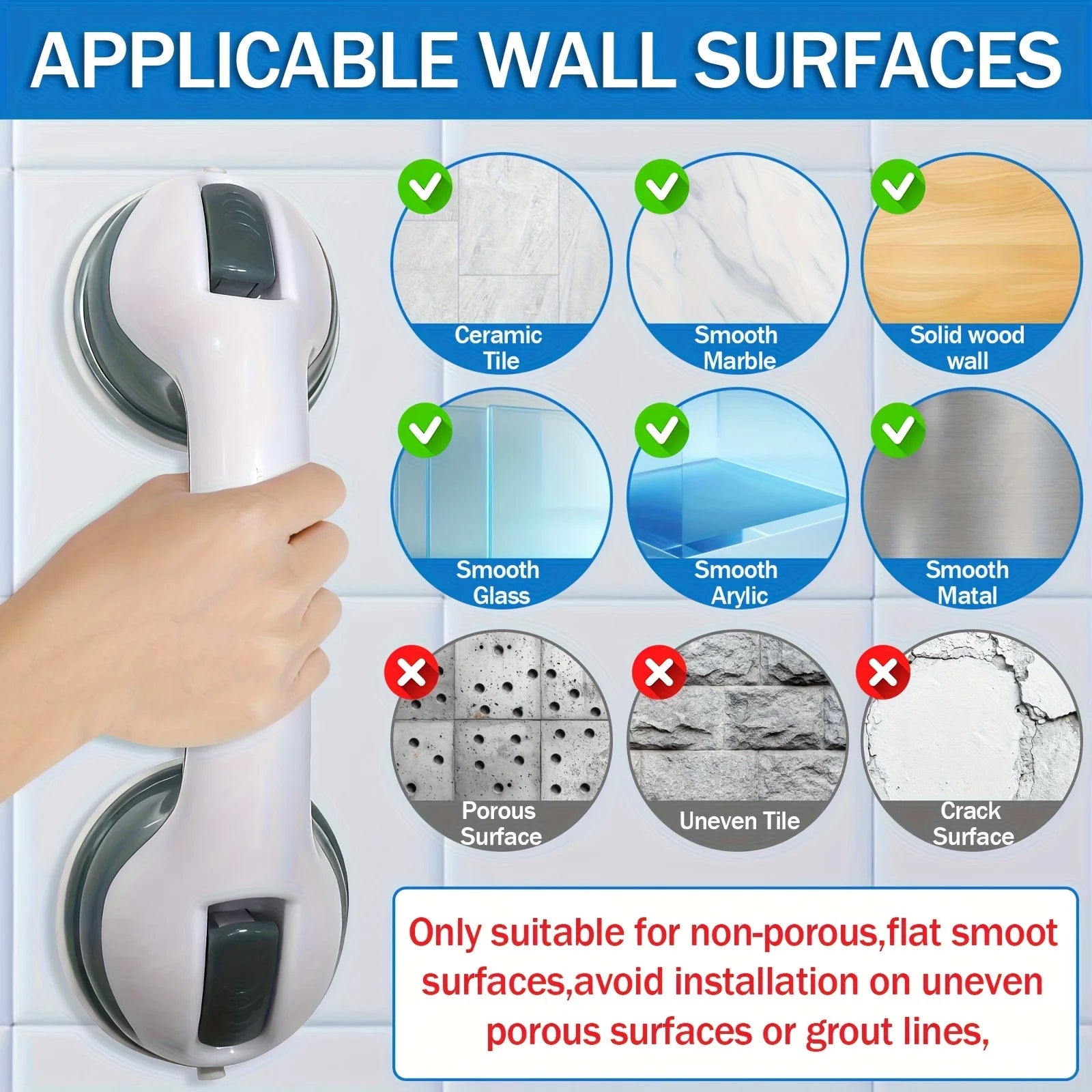 Two Bathroom Safety Grab Bars with Non-Slip Grips, Made of Durable Plastic, Sturdy And Stable, Featuring a Strong Suction Cup